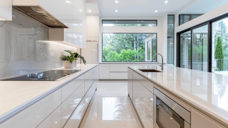 A modern kitchen with gleaming worktops